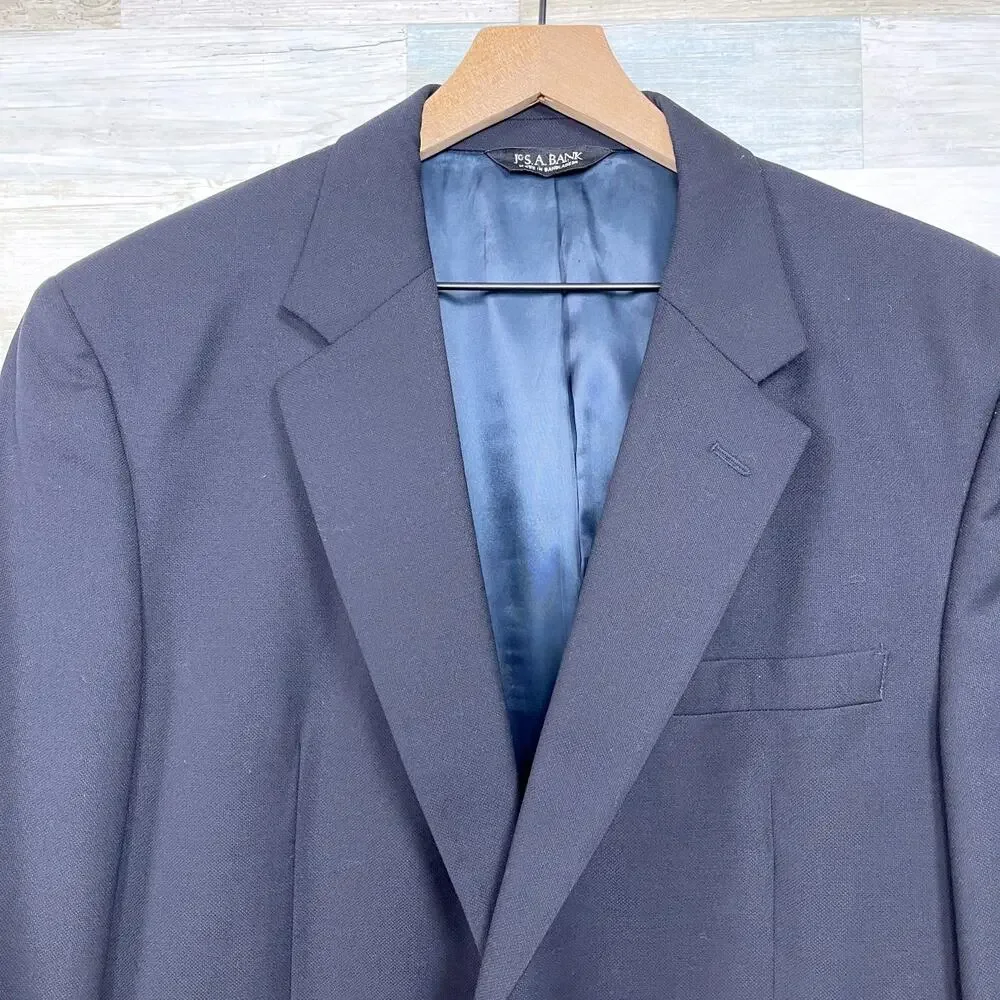 Jos A Bank Wool 2 Piece Suit Black Two Button Mens 43L Jacket 37L Pleated Pants